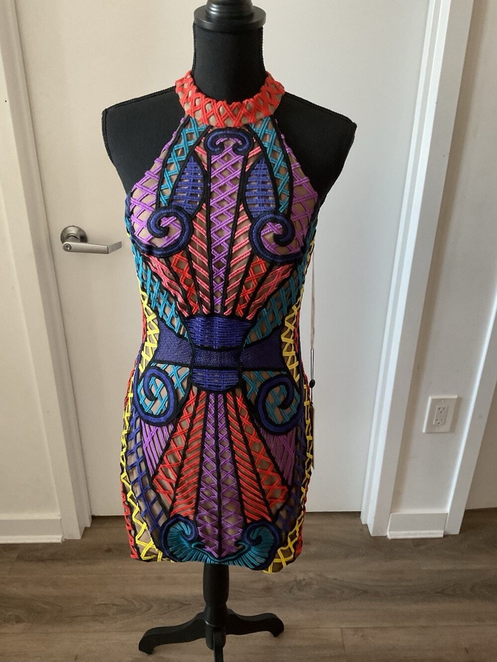 JVN By Jovani Multi Color Geometric Laser Cut High Neck Halter Mini Dress